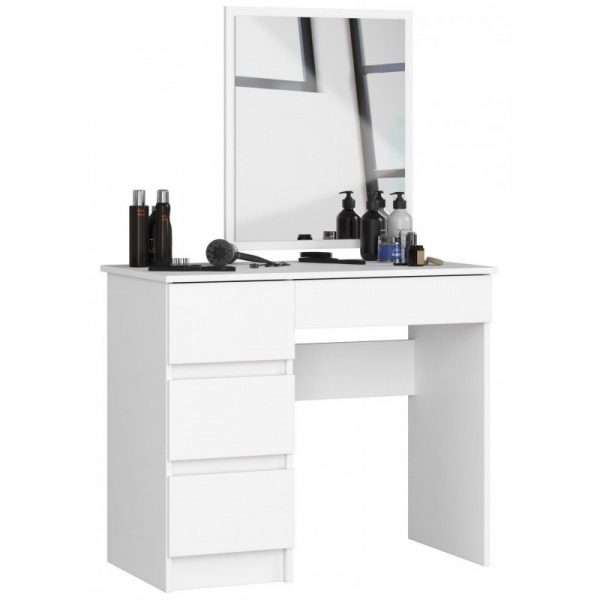 Toaletka kosmetyczna, lustro, 4 szuflady, lewa, 90x50x142 cm, biel, mat