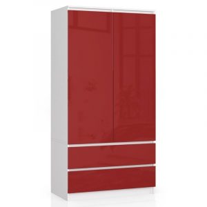Szafa do sypialni, 2 szuflady, drzwi, 90x51x180 cm, biel, czerwony, połysk