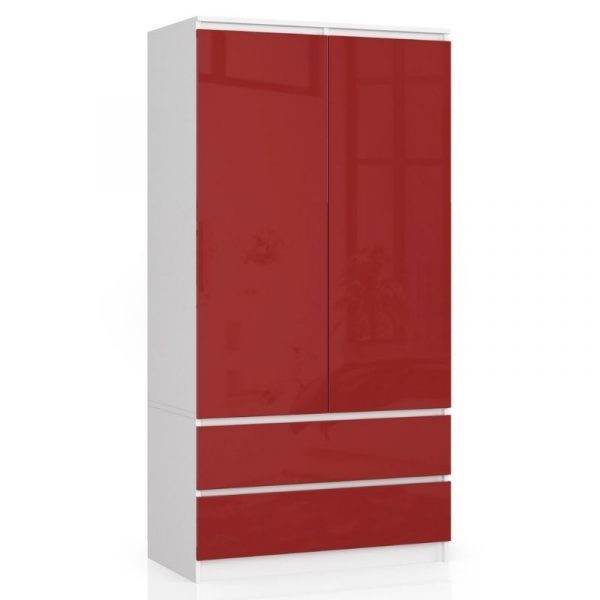 Szafa do sypialni, 2 szuflady, drzwi, 90x51x180 cm, biel, czerwony, połysk