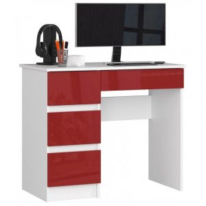 Biurko komputerowe, szkolne, lewe, 90x50x77 cm, biel, czerwony, połysk