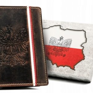 Pionowy portfel męski ze skóry naturalnej z motywem patriotycznym i systemem. RFID