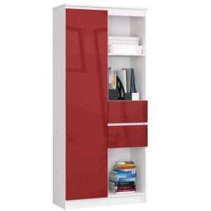 Regał biurowy, półki, szuflady, 80x35x180 cm, biały, czerwony, połysk
