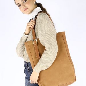 Duża torba skórzana old look na ramię shopper bag - MARCO MAZZINI brąz camel