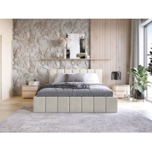 Łóżko tapicerowane. Basic 140/160x200 cm z pojemnikiem i stelażem, jasnobeżowe, welurowe