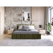 Łóżko tapicerowane. Basic 140/160x200 cm z pojemnikiem i stelażem, oliwkowozielone, welurowe