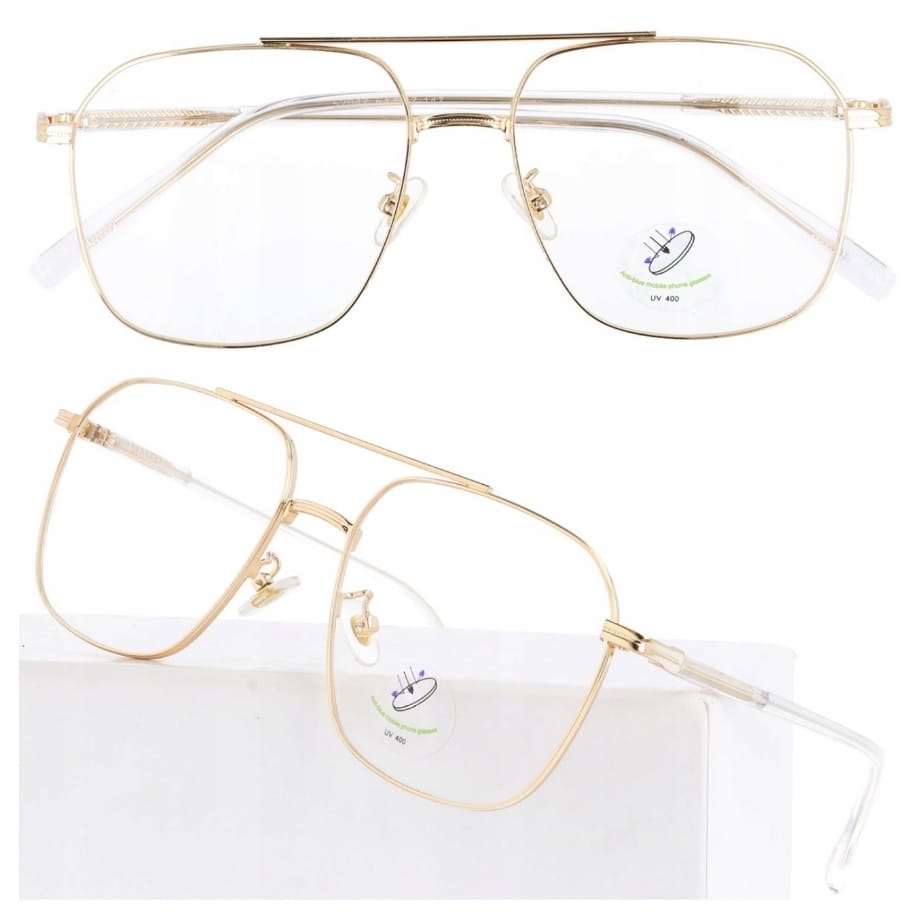Pilotki Złote druciane okulary zerówki filtr Blue Light do komputera 25108A