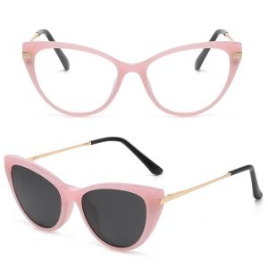 Damskie kocie okulary zerówki z nakładką przeciwsłoneczną Clip-on 25124A