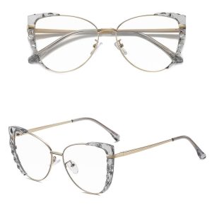 Damskie kocie okulary zerówki do komputera BLUE LIGHT z flexami 25136B szary/złoty