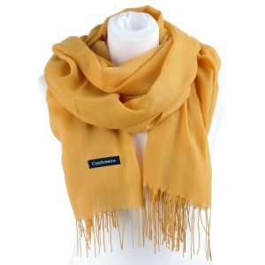 Musztardowy Szalik damski duży Cashmere frędzle SZA-45 ZE SKAZĄ