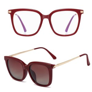 Bordowe Damskie okulary do komputera z nakładką przeciwsłoneczną Clip-on 25109D