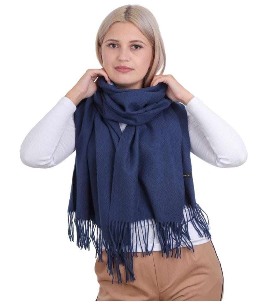 Ciemny granatowy Szalik damski duży cashmere frędzle SZA-77