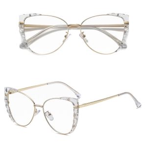 Damskie kocie okulary zerówki do komputera BLUE LIGHT z flexami 25136E bezbarwne/złote