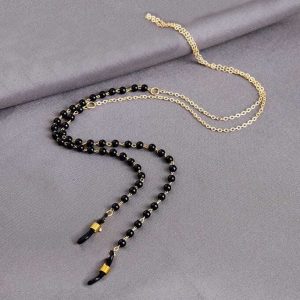 Łańcuszek ozdobny do okularów złoty w czarne kuleczki, zawieszka, sznureczek SLA-05