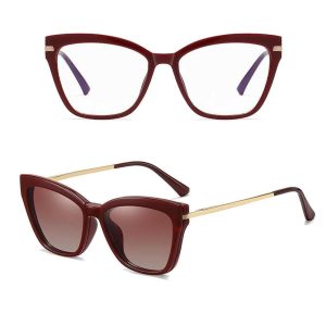 Damskie bordowe okulary do komputera z nakładką przeciwsłoneczną Clip-on 25116A