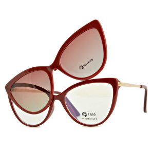 Bordowe damskie kocie okulary do komputera z nakładką przeciwsłoneczną Clip-on 2593-4