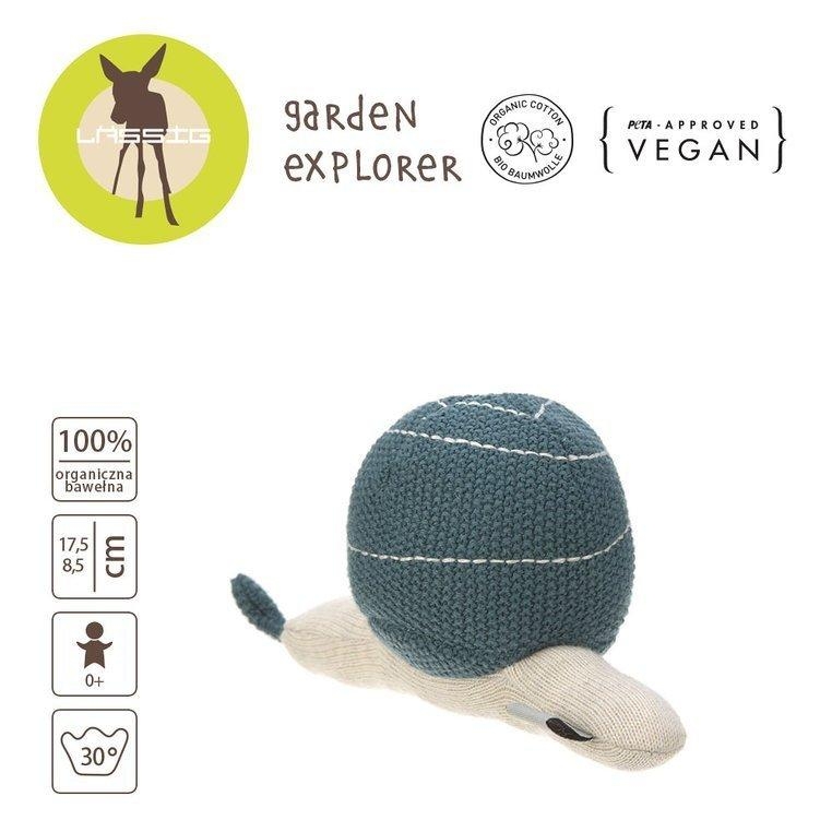 Lassig - Dziergana przytulanka z grzechotką - Garden Explorer - Ślimak - niebieski