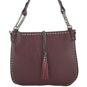 Modna torebka skórzana na ramię z nitami - Bordowa