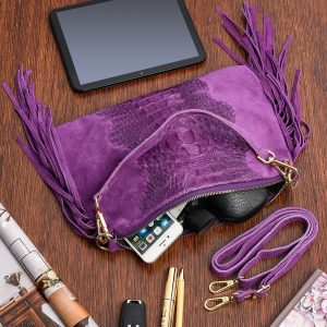 Fioletowa damska włoska skórzana torebka frędzel pozioma Z24