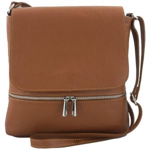 Skórzana torebka listonoszka z klapką - Beżowa ciemna