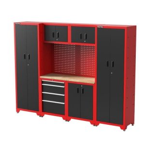 FEISTOS Wyposażenie warsztatu Szafka narzędziowa Juno 14 w tym tablica perforowana Czarny/Czerwony 264x46x198 cm