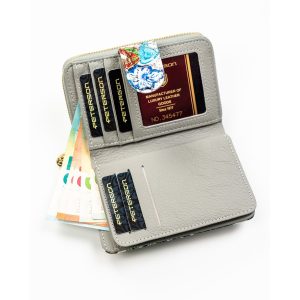 Wielokolorowy, pionowy portfel damski ze skóry naturalnej zamykany zatrzaskiem i suwakiem - Peterson