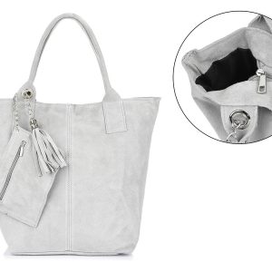 Włoska Torebka Skórzana Zamszowa A4 Shopperka jasnoszara T49