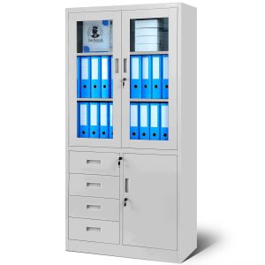 Biurowa przeszklona szafa z szufladami WIOLA, 900 x 1850 x 400 mm, szara