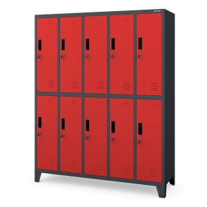 Szafa socjalna ubraniowa BHP 10-drzwiowa antracytowo-czerwona: BARTEK, 1360 x 1720 x 450 mm