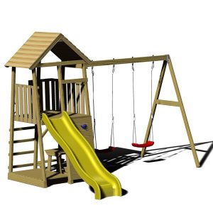 Wendi Toys drewniana wieża do zabawy żyrafa ze zjeżdżalnią, ścianką wspinaczkową, 2 huśtawkami i stołem piknikowym Natura 280x340x270cm