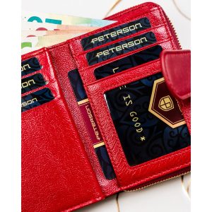 Klasyczny, czerwony portfel damski ze skóry naturalnej i ekologicznej zamykany na suwak i zatrzask - Peterson