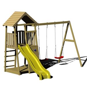 Wendi Toys drewniana wieża do zabawy pingwin Zawiera zjeżdżalnię, ściankę wspinaczkową, 2 huśtawki i piaskownicę Natura 280x340x270cm