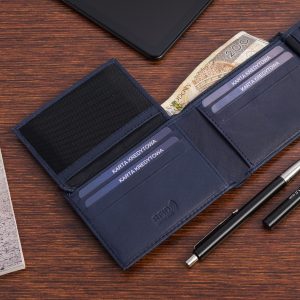 Portfel skórzany męski mały poziomy z flagą granatowy RFiD Beltimore D54