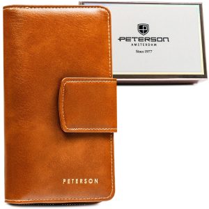 Brązowy, pionowy portfel damski ze skóry ekologicznej zamykany na zatrzask i suwak - Peterson
