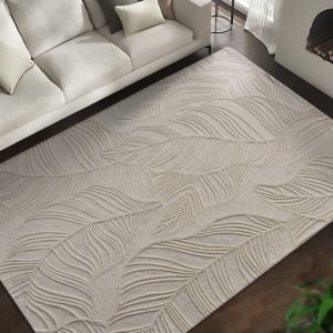 Dywan prostokątny Mona tuftowany, wełniany, kremowy, liście