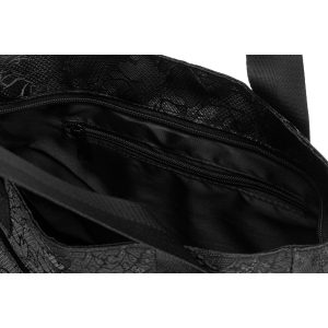 Czarny shopper damski z poliestru zawieszony na wygodnych uchwytach z zewnętrzną kieszonką na suwak - Rovicky