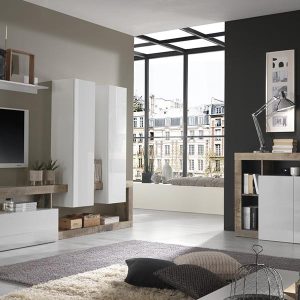 Meblościanka do salonu biała / klon mat / połysk 277 cm Verden