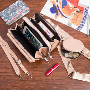 Torebka damska na telefon mini listonoszka raportówka na ramię ciemno beżowa ekoskóra POR-T-32