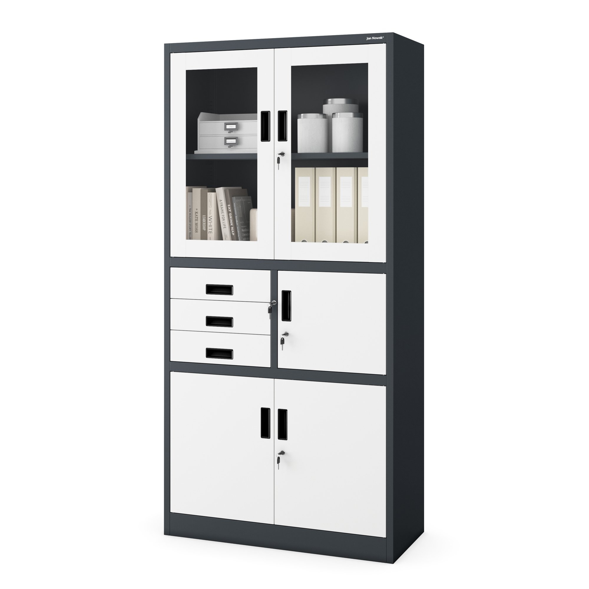 Biurowa szafa metalowa z sejfem na akta i dokumenty FILIP, 900 x 1850 x 400 mm, antracytowo-biała