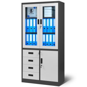 Biurowa przeszklona szafa metalowa na akta z szufladami WIOLA, 900 x 1850 x 400 mm, antracytowo-biała