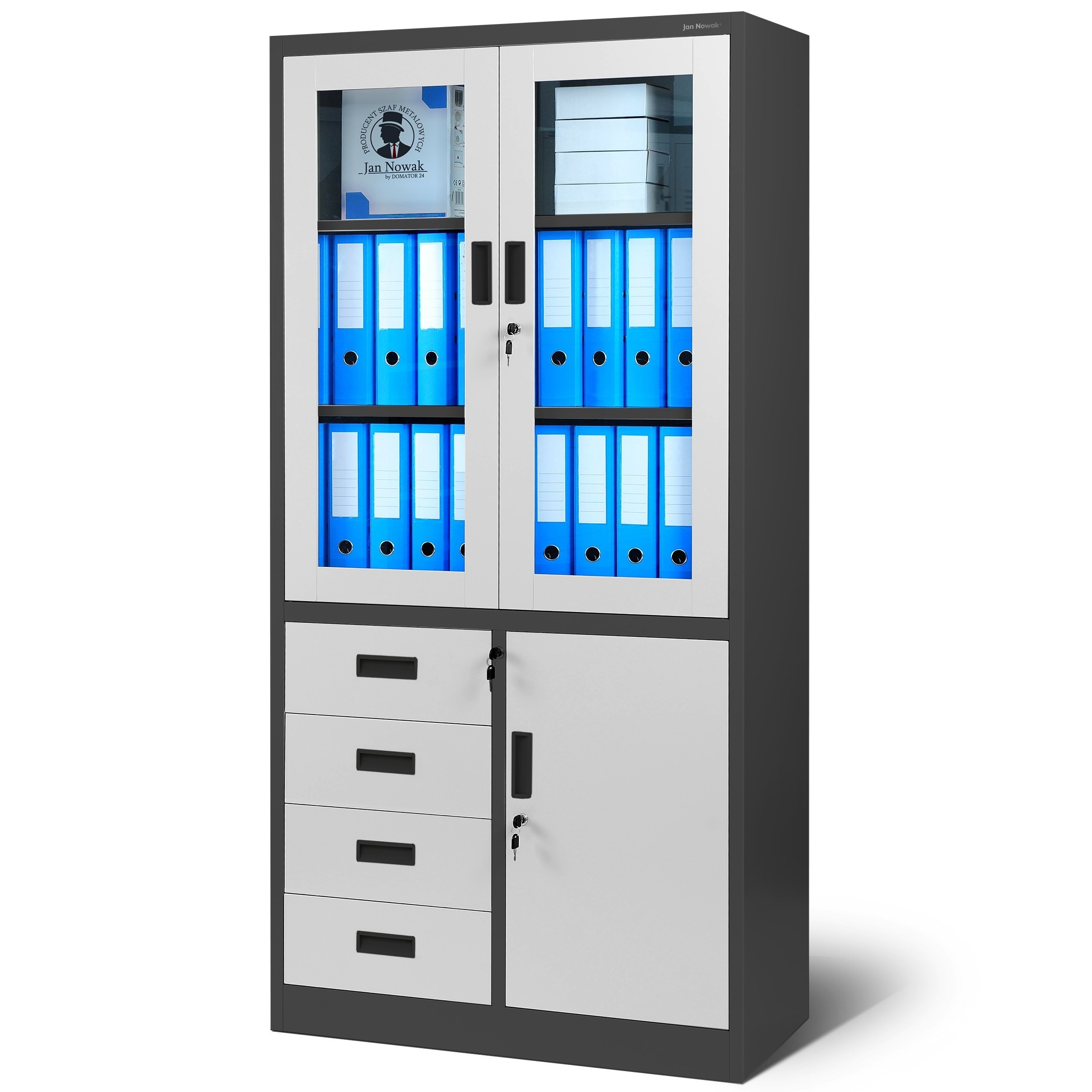 Biurowa przeszklona szafa metalowa na akta z szufladami WIOLA, 900 x 1850 x 400 mm, antracytowo-biała