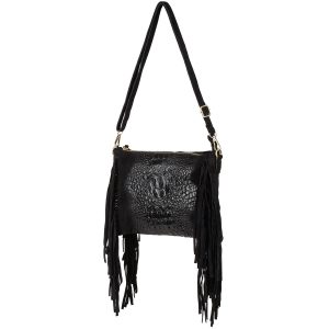 Czarna damska włoska skórzana torebka frędzel pozioma Z24