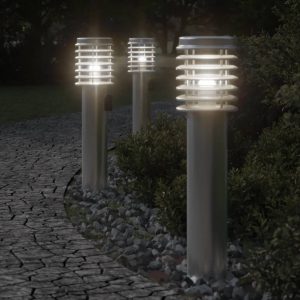 Lampy ogrodowe LED na słupku, z gniazdkiem, 3 szt., srebrne, 60 cm
