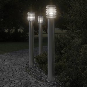 Lampy ogrodowe LED na słupku, z gniazdkiem, 3 szt., srebrne, 110 cm
