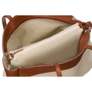 Duża torba damska wykonana ze skóry naturalnej i włókna poliamidowego w beżowo-brązowym kolorze - Peterson