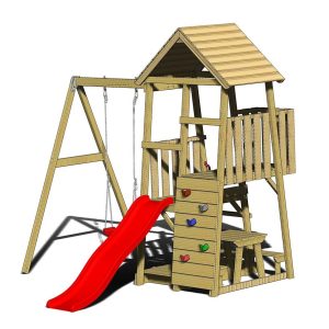 Wendi Toys Drewniana wieża do zabawy Gorilla ze zjeżdżalnią, ścianką wspinaczkową, huśtawką i stołem piknikowym Natura 290x270x270cm
