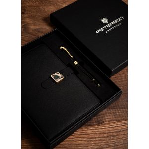 Zestaw prezentowy: czarny notes w linie z magnetycznym zapięciem i długopis z czarnym wkładem - Peterson