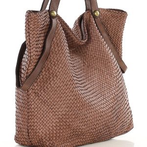 Duża torebka pleciona shopperka ze skóry - MARCO MAZZINI brązowa