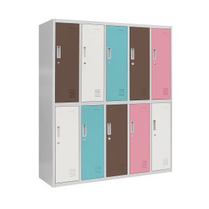 Szafka szkolna BHP szaro-pastelowa: 10-komorowa BARTUŚ, 1360 x 1500 x 450 mm