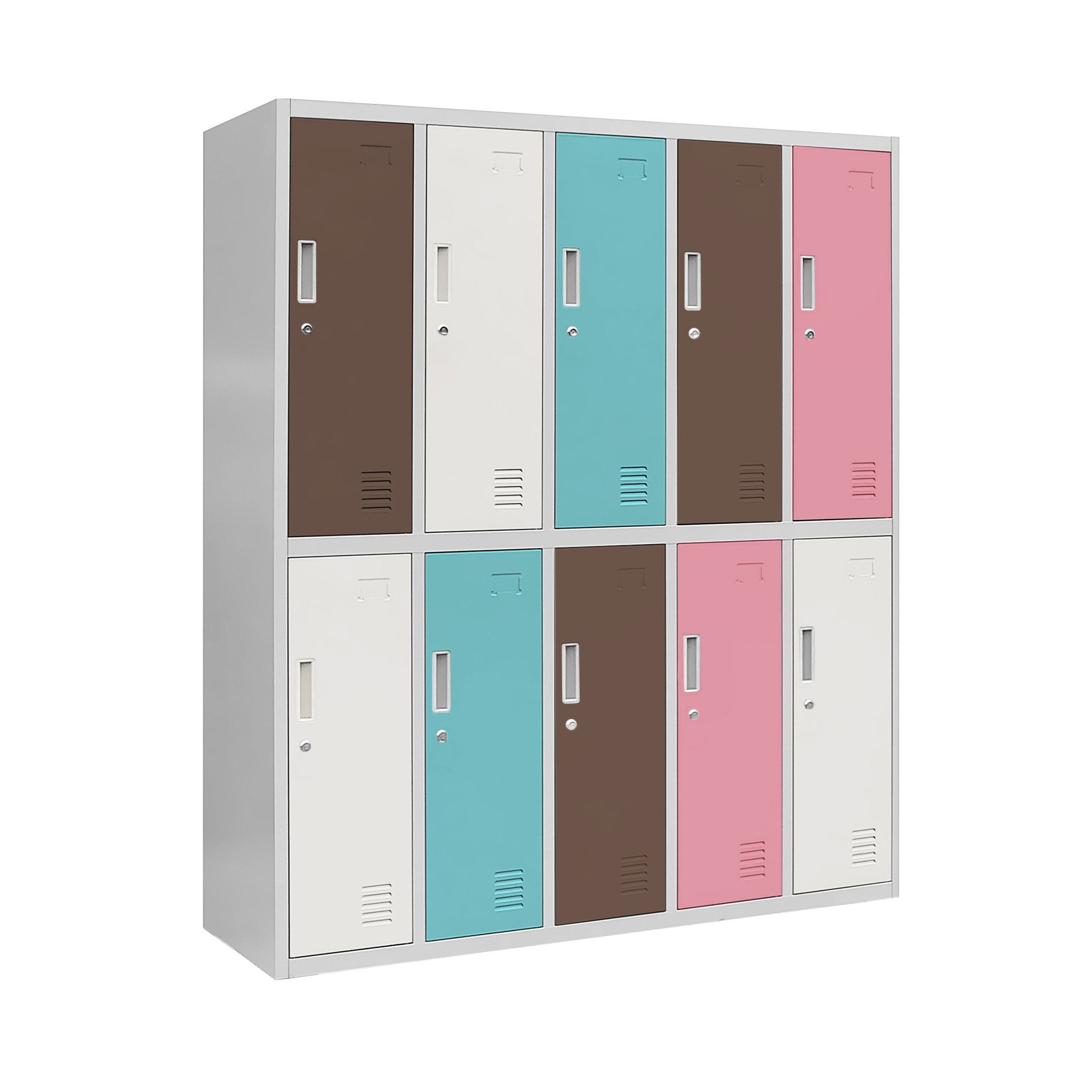 Szafka szkolna BHP szaro-pastelowa: 10-komorowa BARTUŚ, 1360 x 1500 x 450 mm