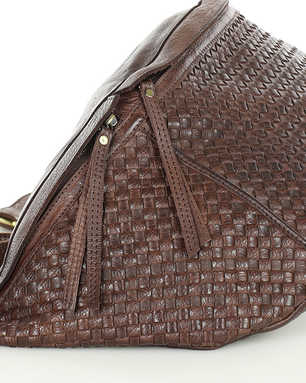 Duża torebka nerka półksiężyc skóra pleciona – MARCO MAZZINI czekoladowy brąz